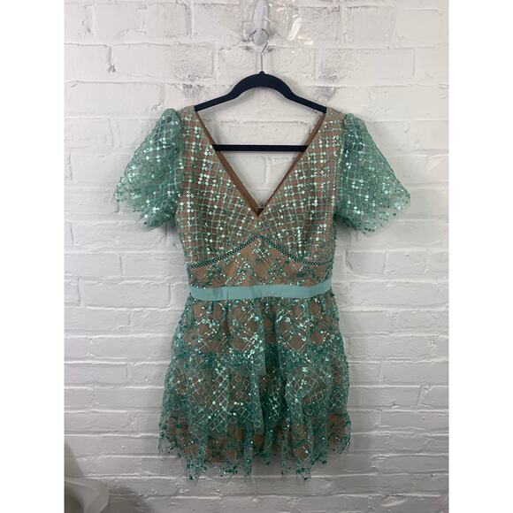 Self Portrait Women's Grid Sequin Tiered Mini Dress V-Neck in Sage Size 6 NWT